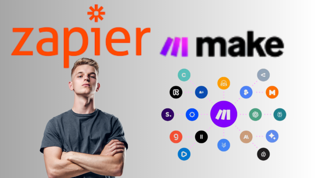 A promotional graphic comparing Zapier automation and Make.com, featuring a young man standing with crossed arms under a large orange Zapier logo on the left, alongside the Make logo and a circular hub network of connected app integrations on the right.