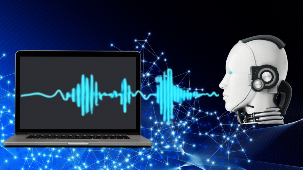A dark blue technology banner showing a laptop on the left displaying a bright turquoise audio waveform, which extends across a glowing blue network grid toward a white humanoid robot head wearing headphones on the right, symbolizing emotional voice synthesis.