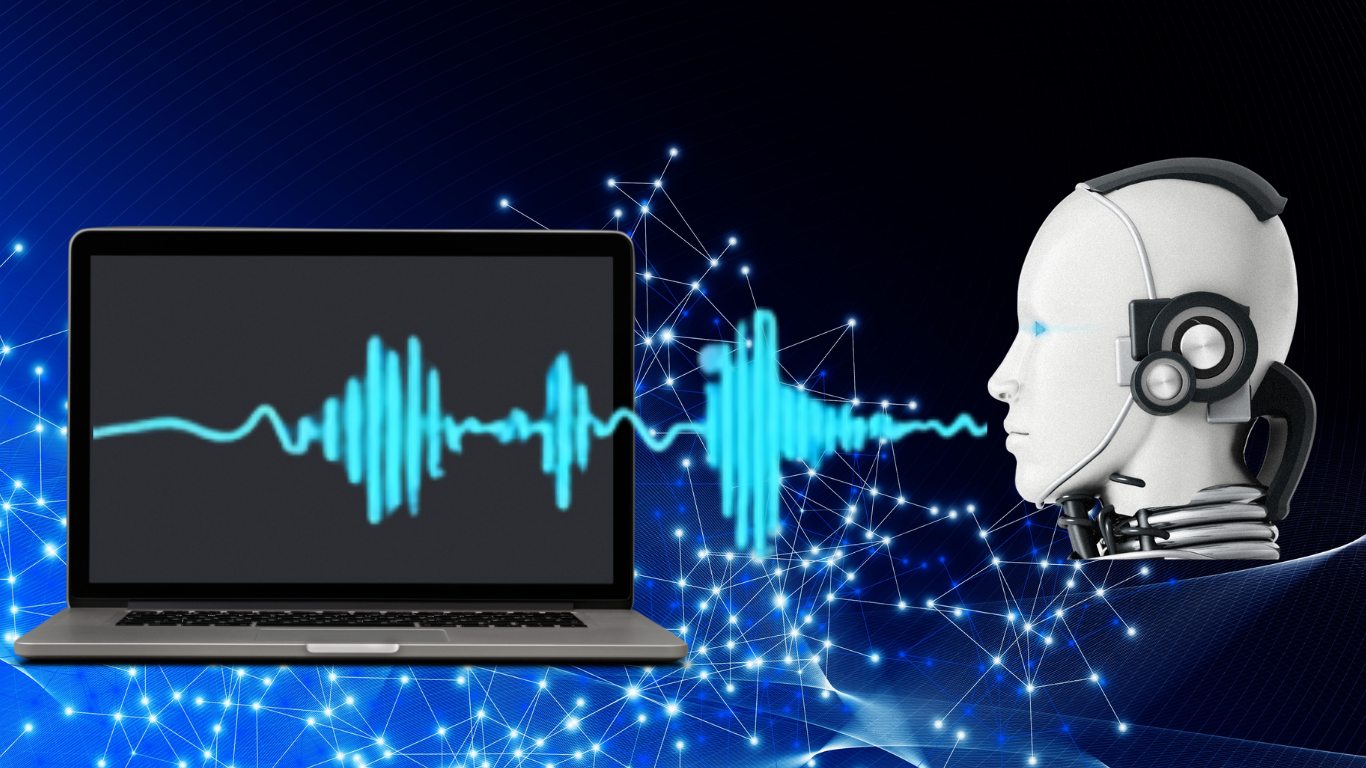 A dark blue technology banner showing a laptop on the left displaying a bright turquoise audio waveform, which extends across a glowing blue network grid toward a white humanoid robot head wearing headphones on the right, symbolizing emotional voice synthesis.