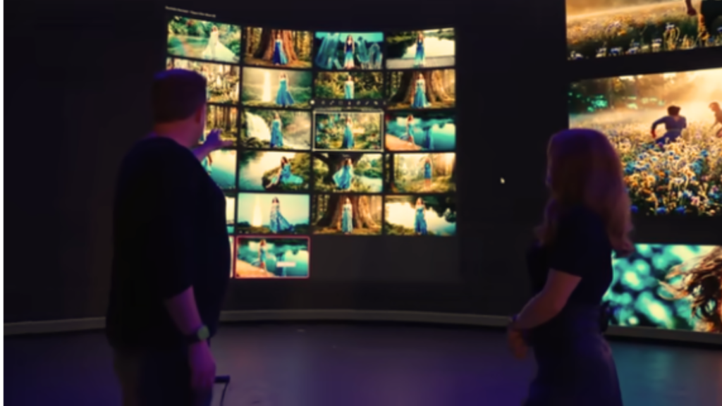 A dimly lit studio where a man points toward a massive, curved digital display wall filled with a grid of varying cinematic shots of a woman in a blue dress, while a woman stands nearby observing the layout, illustrating the future of AI cinema.