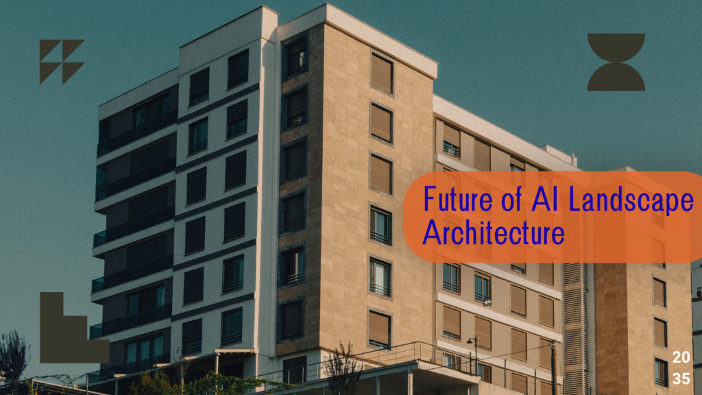 A multi-story modern apartment building under a muted blue sky, featuring a prominent orange text bubble overlay that reads Future of AI Landscape Architecture.