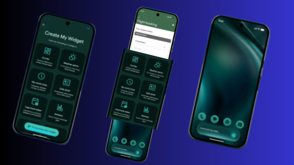 Three Android smartphones displaying Gemini Intelligence AI features, including customizable widgets, smart tools, and enhanced mobile interface options.