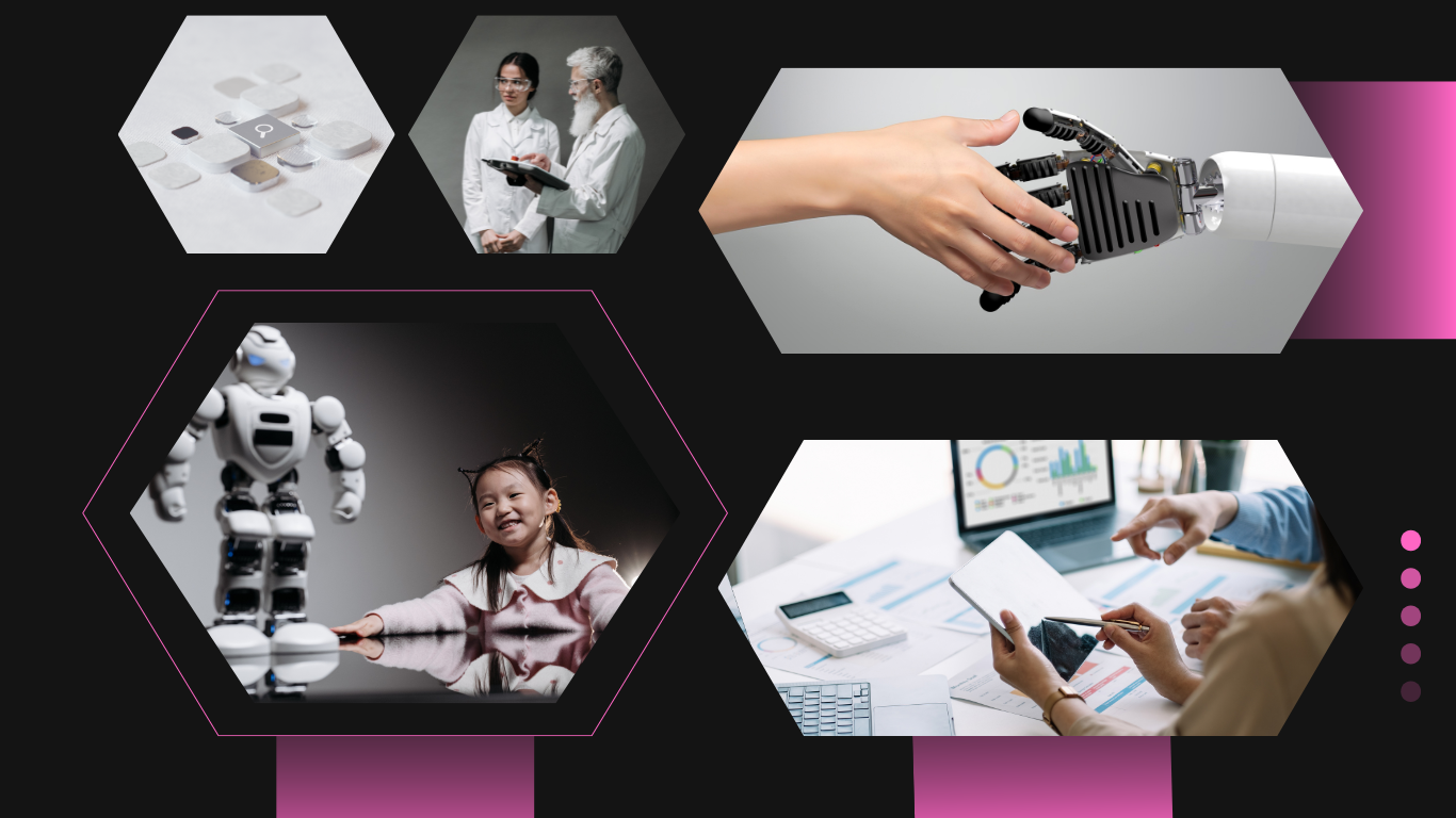 Collage showing human and AI interaction including robot handshake, child with robot, scientists working, and digital business analytics.