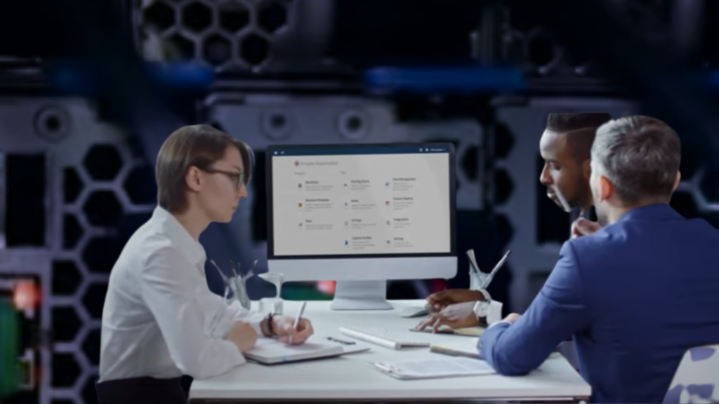 Business professionals discussing workflow automation and AI-powered business management tools displayed on a computer screen in a modern office.
