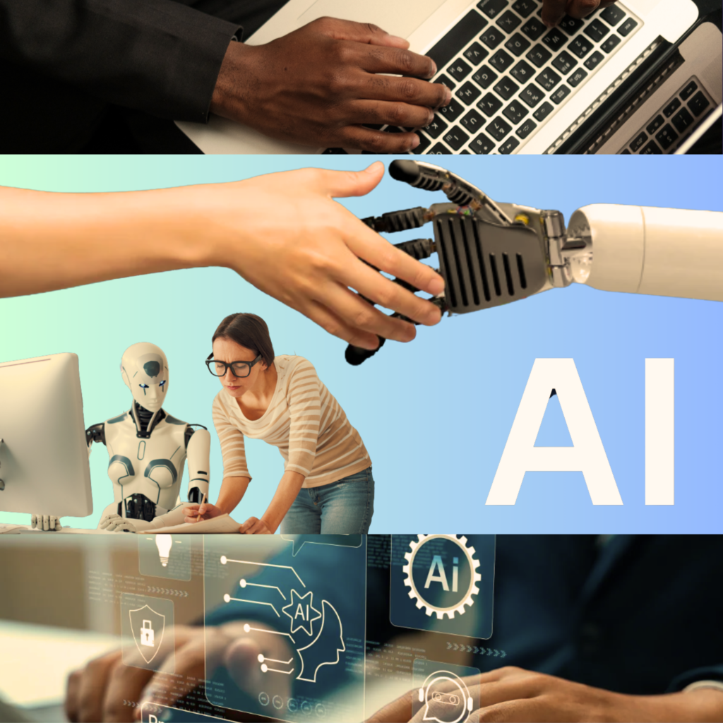Artificial intelligence concept showing human and robotic hands interacting, AI robot assisting a person at computer, and digital AI interface with technology icons.