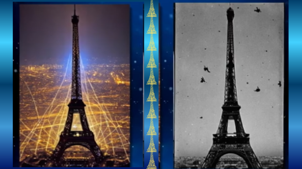 A side-by-side comparison graphic featuring the Eiffel Tower on a blue background, showing an AI-generated image on the left with glowing light trails and a grainy, vintage black-and-white image on the right with dark specks in the sky, demonstrating how negative prompting removes unwanted artifacts.