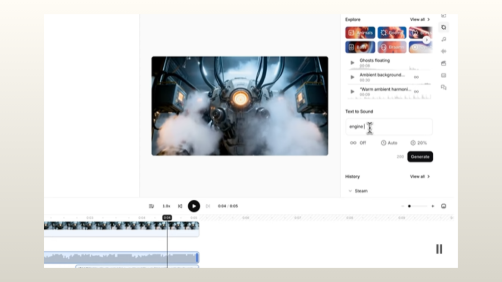 A desktop user interface of an AI video editing software showcasing a video player with a steaming robotic character, a timeline editor at the bottom, and a Text to Sound sidebar on the right where the word engine is being typed into a prompt box.