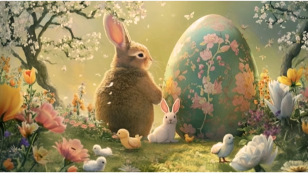 A whimsical spring landscape created with Midjourney v6 Mastery, featuring a fluffy brown rabbit looking toward a giant floral-patterned Easter egg, surrounded by a tiny white bunny, small ducklings, and colorful blooming flowers under blossoming trees.