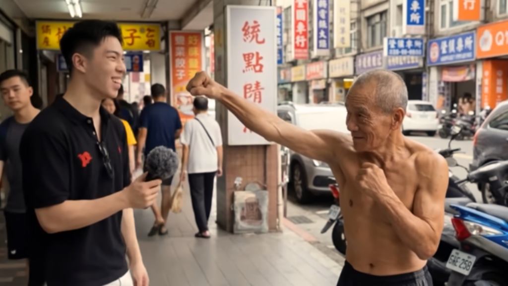 A street interview scene showcasing hyper realistic human generation, featuring a young man holding a microphone while smiling at a lean, muscular elderly man who is posing with an outstretched fist on a city sidewalk.