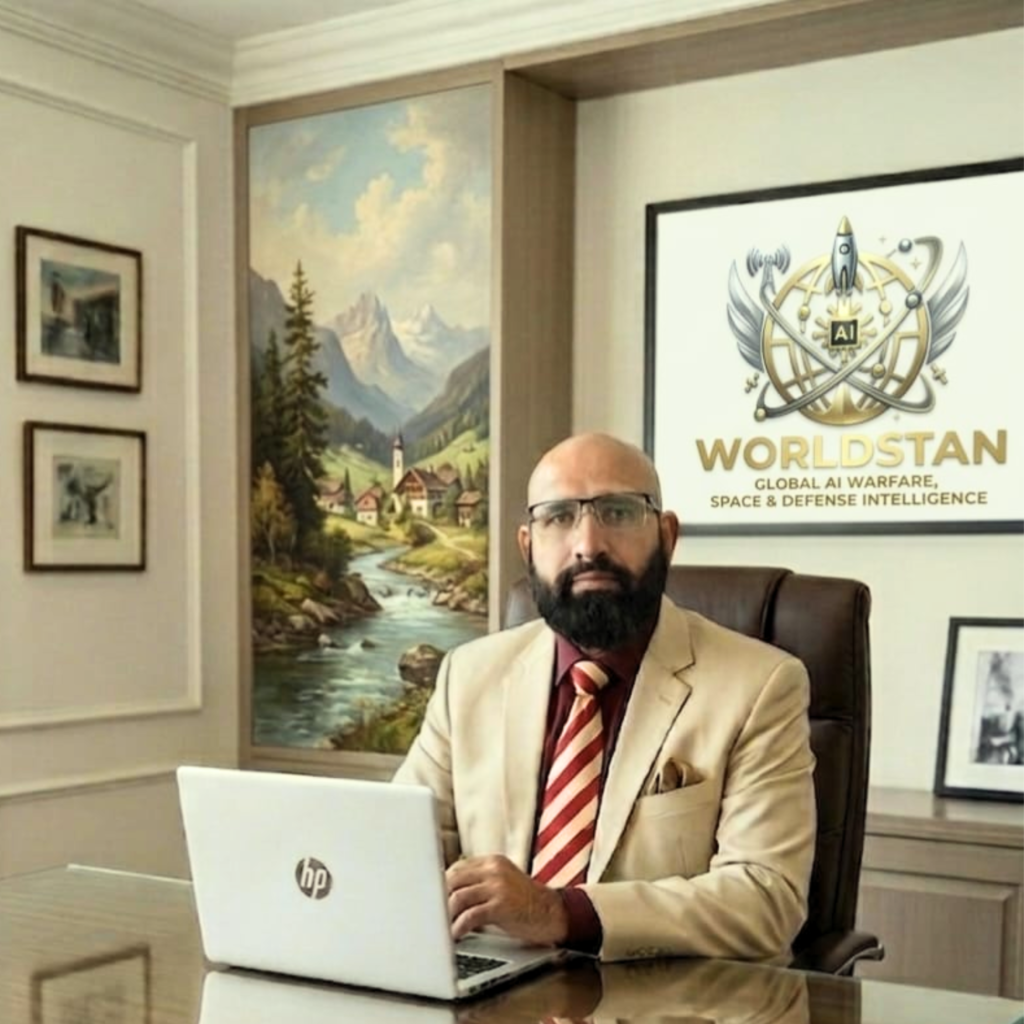 Man in a formal suit sitting at a desk using an HP laptop in an office, with framed artwork and a “WORLDSTAN” AI defense logo displayed on the wall behind him.