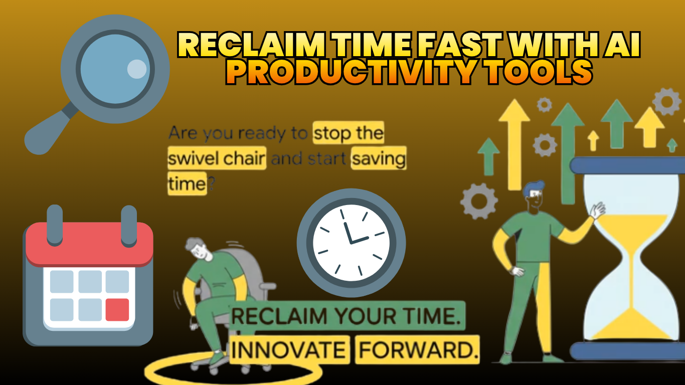 Illustration promoting AI productivity tools, showing a person at a desk, a clock, calendar, magnifying glass, and an hourglass with arrows pointing upward, alongside text about saving time and improving efficiency.