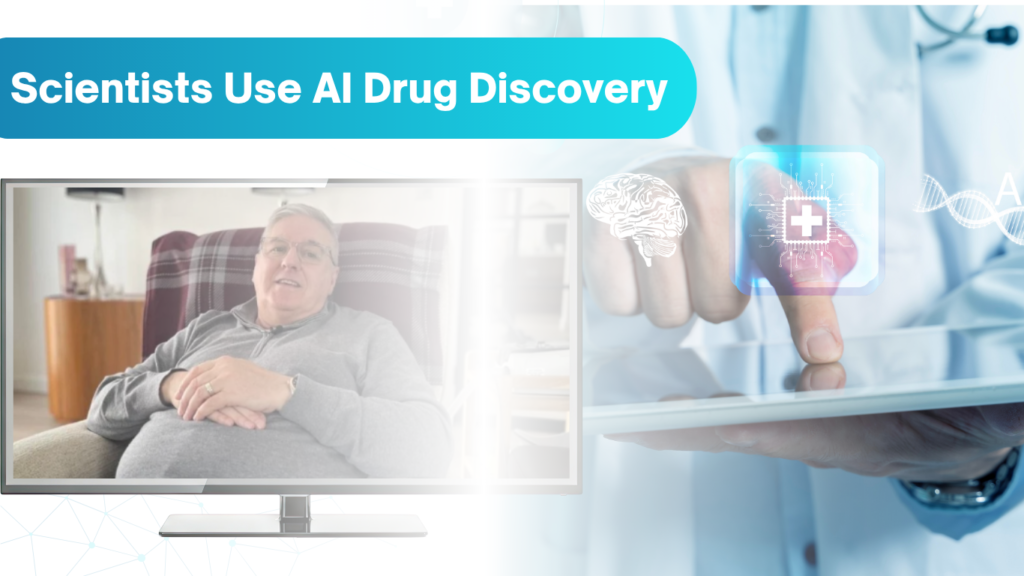 An educational tech graphic titled Scientists Use AI Drug Discovery, showing an elderly man on a television monitor on the left, and a medical professional in a lab coat interacting with a glowing digital tablet on the right.