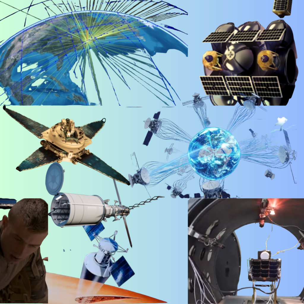 Collage of satellites, Earth data networks, and space technology components, including a hyperspectral sensor test and orbital communication systems.