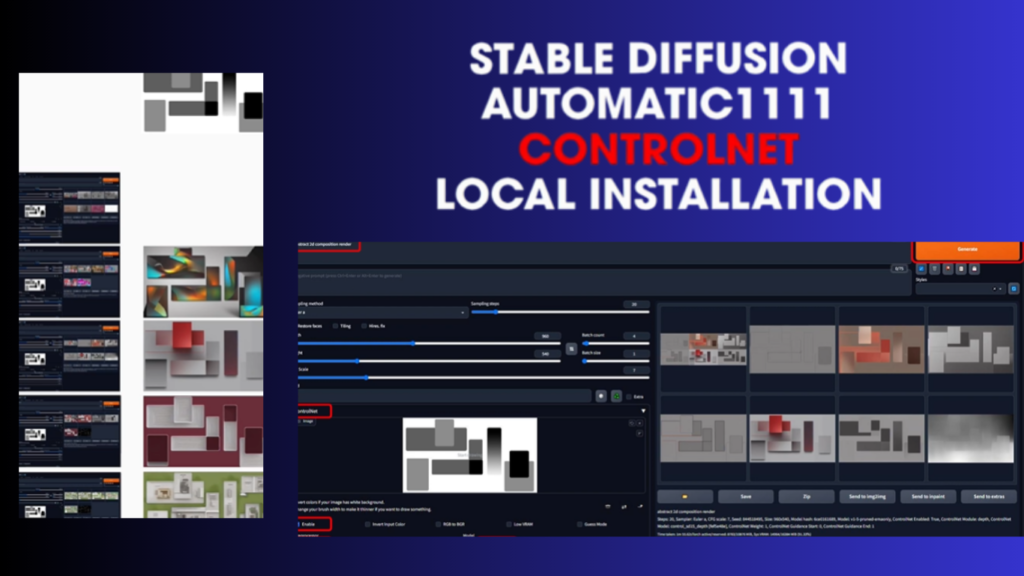 A tutorial graphic screenshot showing the step-by-step process of a Stable Diffusion Local Installation Guide, featuring the AUTOMATIC1111 web interface, a ControlNet setup module at the bottom, and a text header labeled ControlNet Local Installation.
