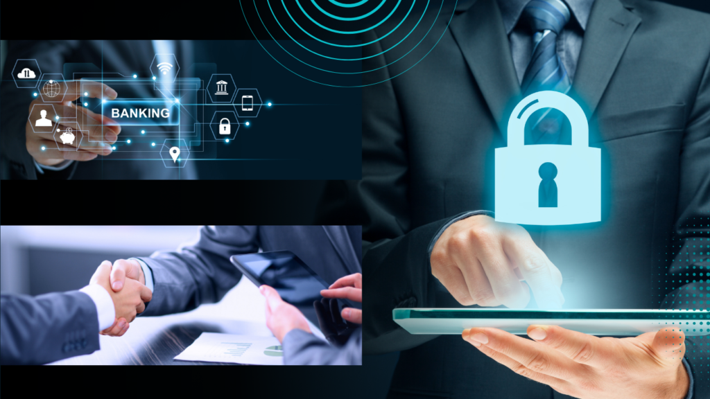 A conceptual split-screen graphic showcasing frontier AI models protecting digital banking ecosystems, featuring a businessman interacting with a secure glowing padlock icon on a tablet, a hand touching a futuristic virtual interface labeled BANKING, and two professionals closing a deal with a handshake.