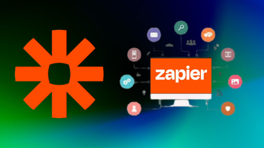 An educational graphic showcasing Zapier automation features, with a large orange asterism logo on the left and a central computer monitor displaying the Zapier wordmark surrounded by a floating ring of colorful app icons.