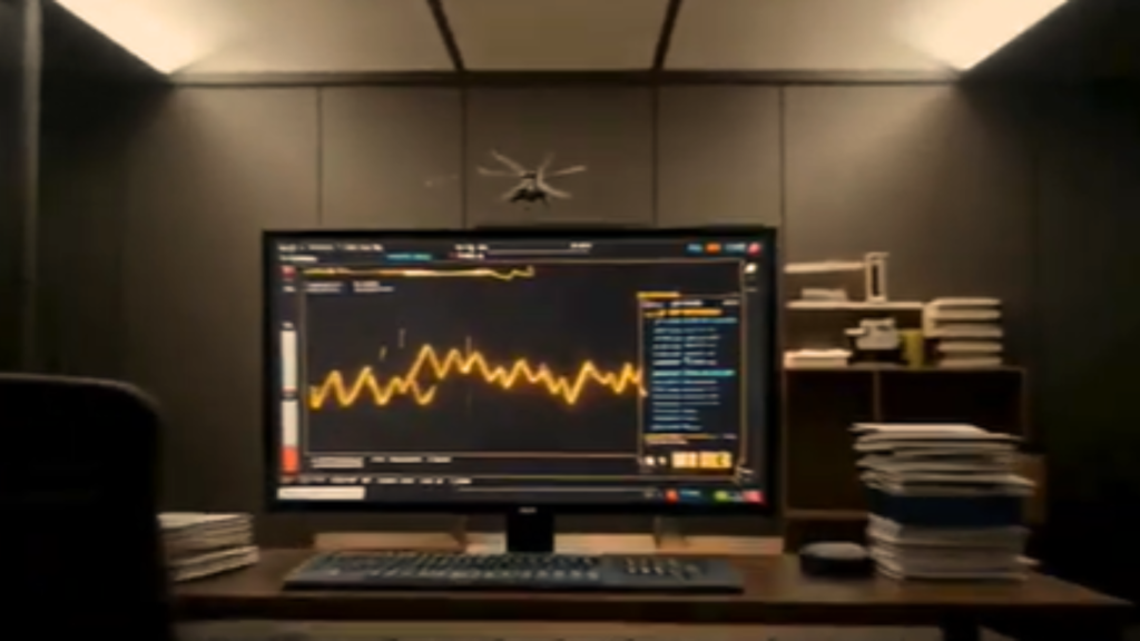 A dimly lit home office workspace showing a large computer monitor displaying a bright yellow audio waveform and data panels related to tracking arXiv AI-generated papers, with a small multi-rotor drone hovering directly above the screen.