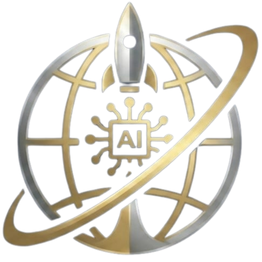 Gold and silver circular emblem featuring a rocket above an AI chip, encircled by orbital rings on a dark background.