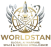 Golden emblem logo featuring a rocket, satellites, and an AI chip at the center, with the text “WORLDSTAN – Global AI Warfare, Space & Defense Intelligence.”