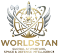Golden emblem logo featuring a rocket, satellites, and an AI chip at the center, with the text “WORLDSTAN – Global AI Warfare, Space & Defense Intelligence.”