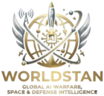 Golden emblem logo featuring a rocket, satellites, and an AI chip at the center, with the text “WORLDSTAN – Global AI Warfare, Space & Defense Intelligence.”