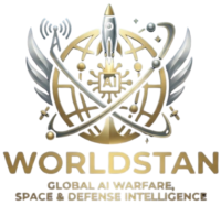 Golden emblem logo featuring a rocket, satellites, and an AI chip at the center, with the text “WORLDSTAN – Global AI Warfare, Space & Defense Intelligence.”