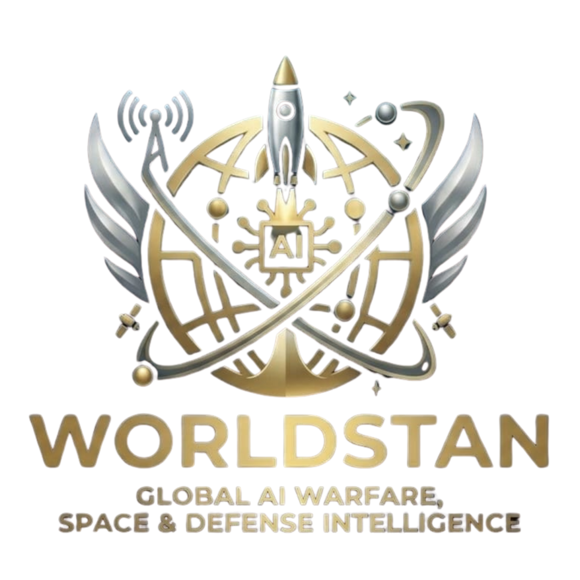 Golden emblem logo featuring a rocket, satellites, and an AI chip at the center, with the text “WORLDSTAN – Global AI Warfare, Space & Defense Intelligence.”