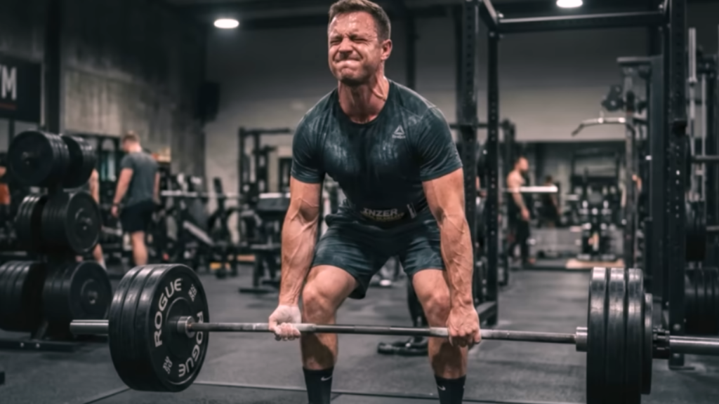 Muscular man performing a heavy deadlift in a gym while straining to lift a loaded barbell.