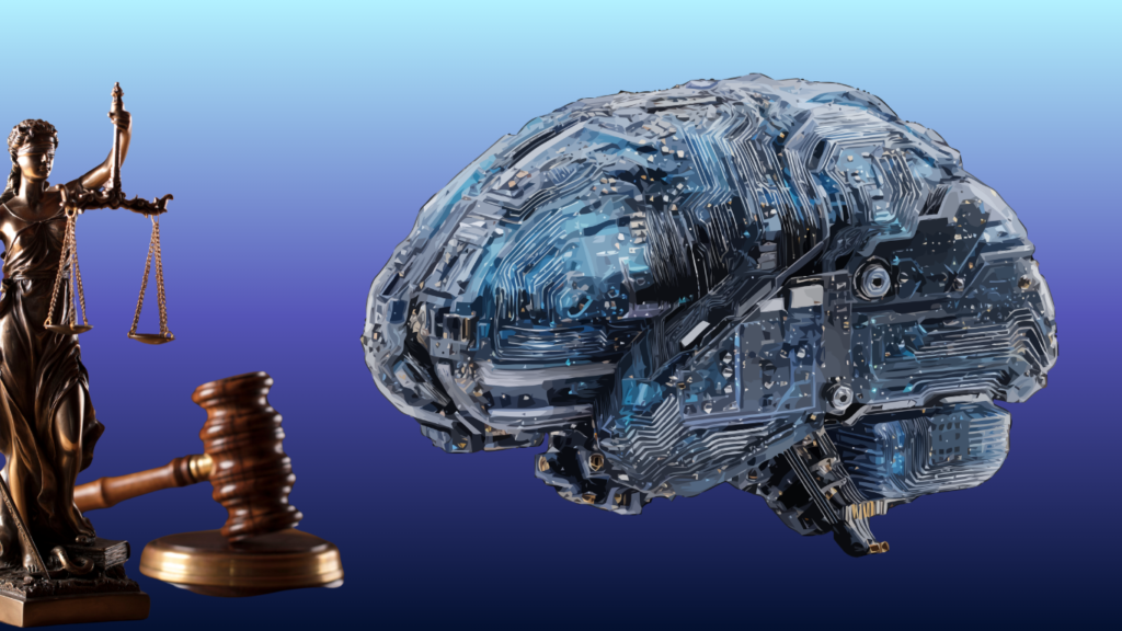A bronze Lady Justice statue and a wooden judge's gavel positioned next to a large digital electronic brain model, symbolizing AI Hallucinations in Legal Citations.