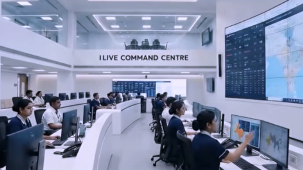Operators working at computer stations inside the modern iLIVE Command Centre, monitoring real-time health data maps and dashboards powered by AI healthcare services for seniors.