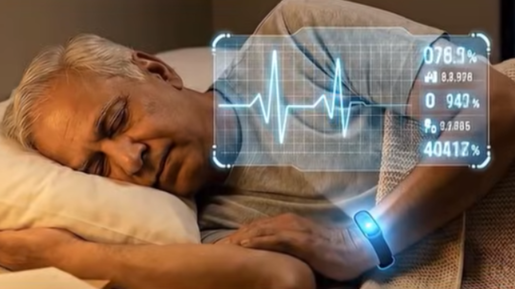 An elderly man sleeping in bed while a futuristic smart wristband projects a digital health HUD displaying heart rate metrics powered by AI healthcare services for seniors.