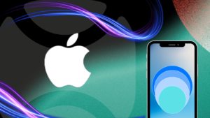 An abstract digital illustration representing the Apple AI Price Increase, featuring the white Apple logo on a green background with vibrant neon light trails and a smartphone displaying a blue layered circular interface.