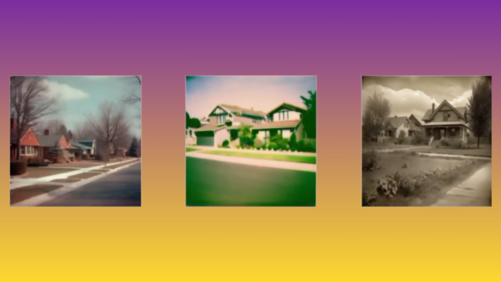 Three distinct architectural images arranged side-by-side on a purple and yellow gradient background, demonstrating techniques for Mastering Lighting and Composition in AI Prompts.