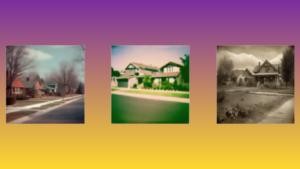 Three distinct architectural images arranged side-by-side on a purple and yellow gradient background, demonstrating techniques for Mastering Lighting and Composition in AI Prompts.