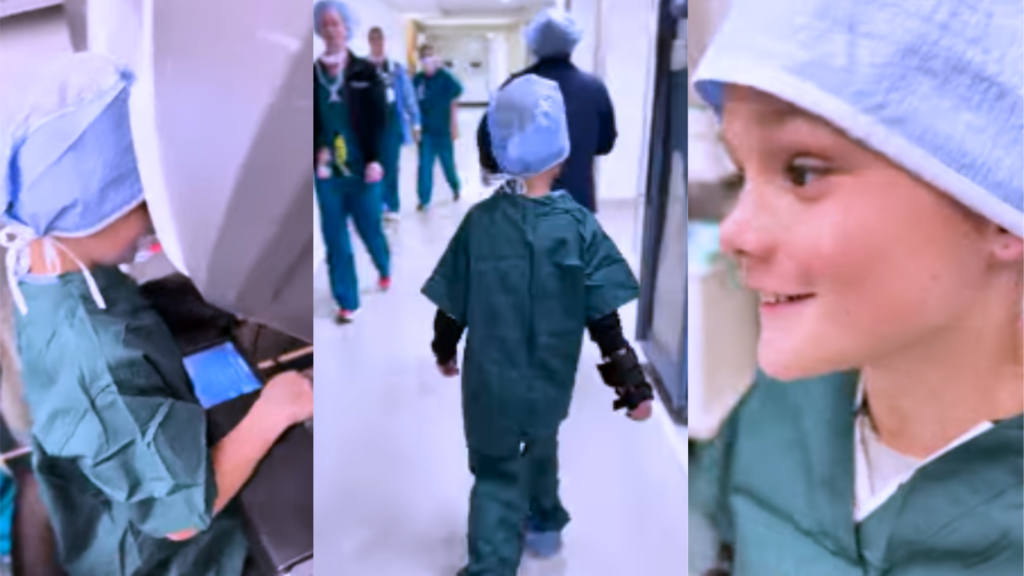 A three-panel collage of a young child dressed in oversized green hospital scrubs and a blue surgical cap interacting with medical equipment and walking through a hospital hallway, symbolizing pediatric health advancements like AI-assisted CVS detection.