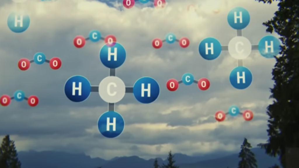 An infographic overlay showing molecular structures of methane (\(CH_{4}\)) and carbon dioxide (\(CO_{2}\)) floating over a cloudy sky background, symbolizing atmospheric emissions monitoring using AI Methane Detection systems.