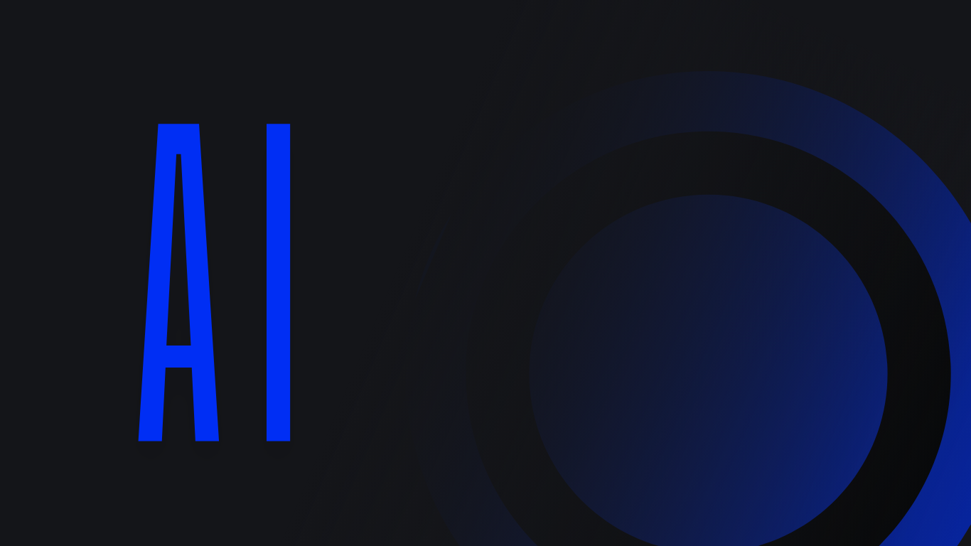 Tall blue stylized text reading AI next to dark blue geometric circular gradients, representing an AI business partner in Pakistan.