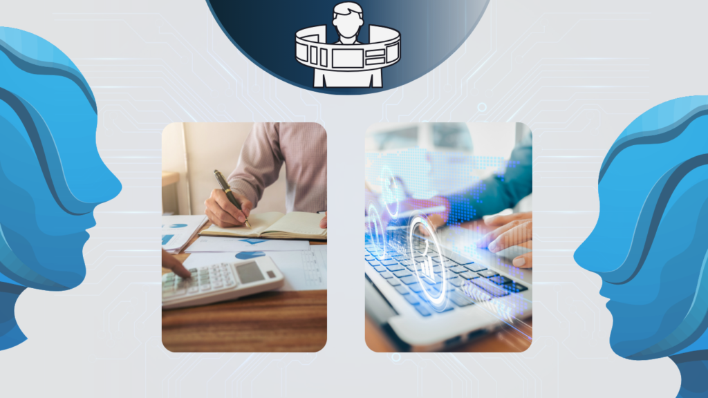 A conceptual graphic representing AI-Powered Technical Debt Management, featuring two blue profile silhouettes of human faces flanking two inset photos of manual accounting work and modern laptop data analysis.