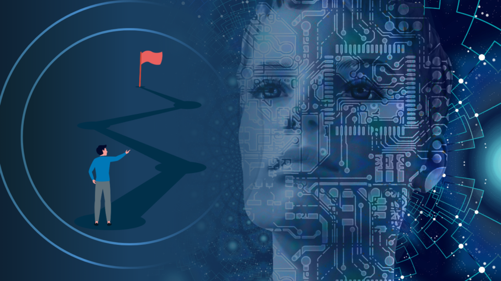 An abstract illustration of AI-Powered Technical Debt Management showing a person looking toward a red goal flag while a large, glowing cyborg face overlaid with circuit board lines represents artificial intelligence guiding development paths.