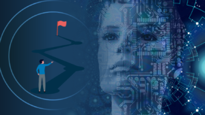 An abstract illustration of AI-Powered Technical Debt Management showing a person looking toward a red goal flag while a large, glowing cyborg face overlaid with circuit board lines represents artificial intelligence guiding development paths.