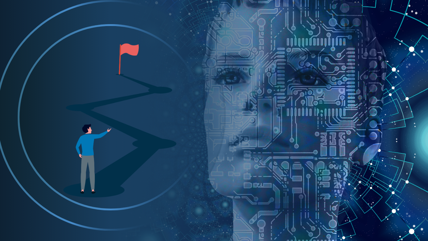 An abstract illustration of AI-Powered Technical Debt Management showing a person looking toward a red goal flag while a large, glowing cyborg face overlaid with circuit board lines represents artificial intelligence guiding development paths.
