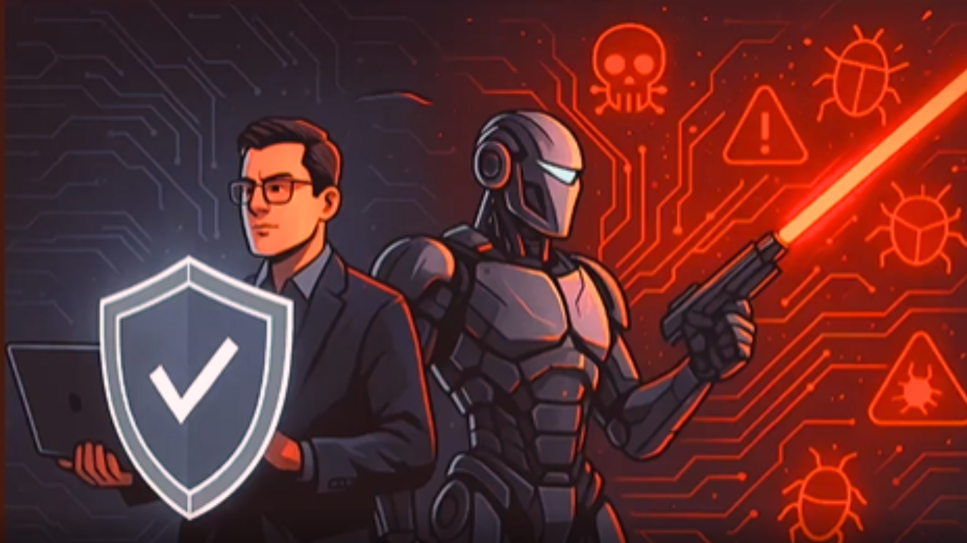 An illustration depicting autonomous AI agents in cyber warfare, featuring a business professional holding a laptop next to a futuristic robot warrior firing a red laser weapon at incoming digital threats like malware and bugs.