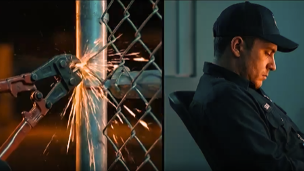 A split-screen illustration contrasting a breach with failed human monitoring to highlight the need for autonomous AI agents in cyber warfare. The left side shows red heavy-duty bolt cutters slicing through a metal chain-link fence, throwing bright golden sparks. The right side shows a security guard in a dark blue uniform and matching baseball cap asleep on a chair, completely unaware of the perimeter compromise.
