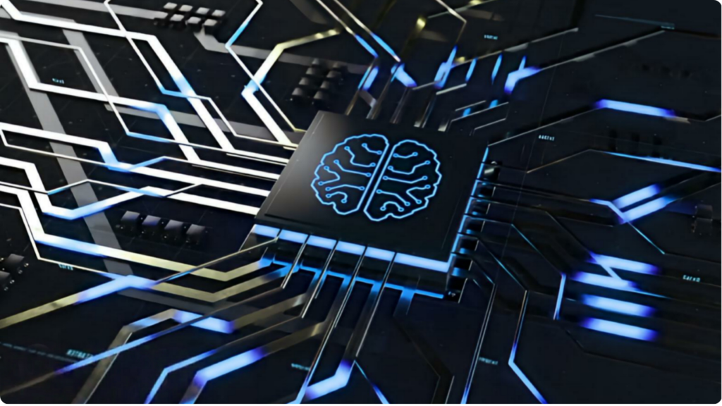 A central computer processor chip with a glowing blue brain icon sitting on a black circuit board with illuminated digital pathways.