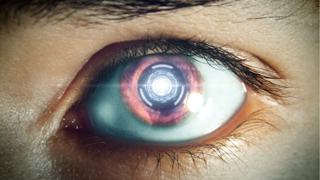 A close-up image of a human eye featuring a glowing, bionic iris with futuristic cybernetic tech circuits.