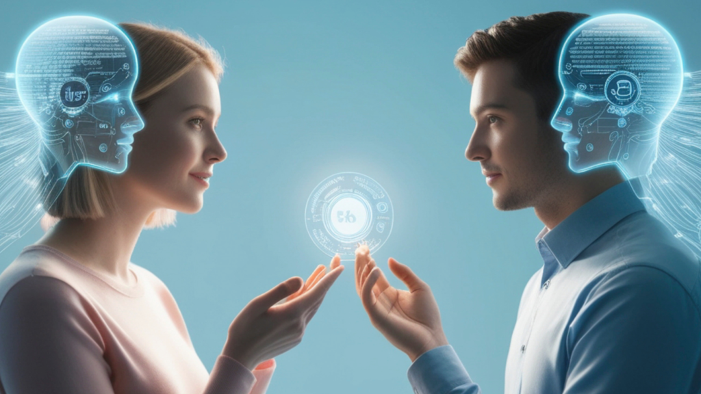 A digital illustration showcasing Human-Centric AI UX with a man and woman facing each other while glowing, holographic user interfaces project from their minds.
