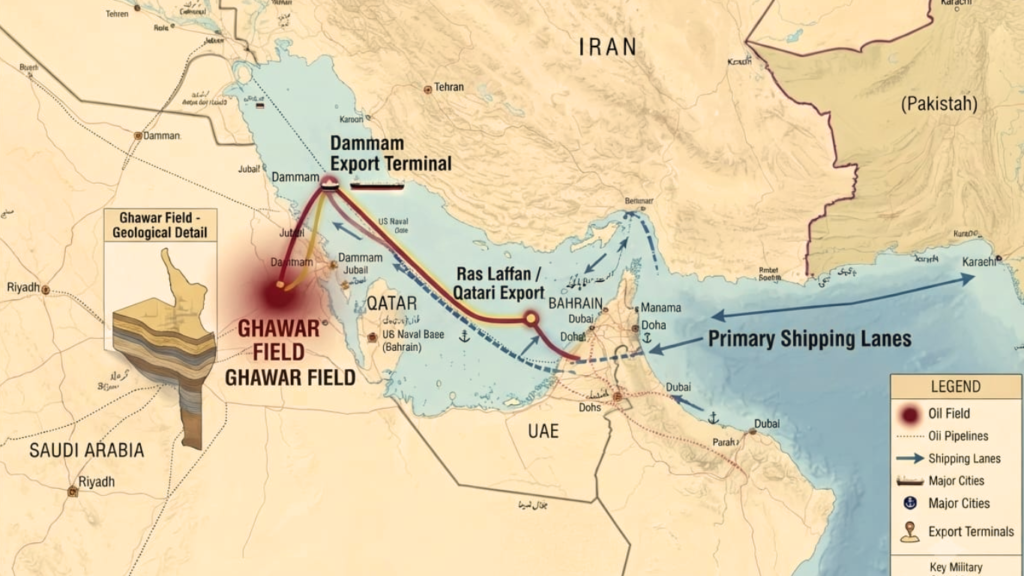 A regional map of the Persian Gulf detailing major energy infrastructure, highlighting how The Ghawar Field is the world's largest oil field alongside shipping lanes, export terminals, and pipelines used for AI in Oil Production analysis.