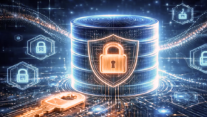 A digital conceptual illustration representing data protection through Quantum-Resistant AI Models. The center features a glowing blue cylindrical database server enclosed by an orange neon shield with a padlock icon. Floating glowing hexagons with lock icons and an orange digital security key sit on a circuit board background with flowing light data streams.