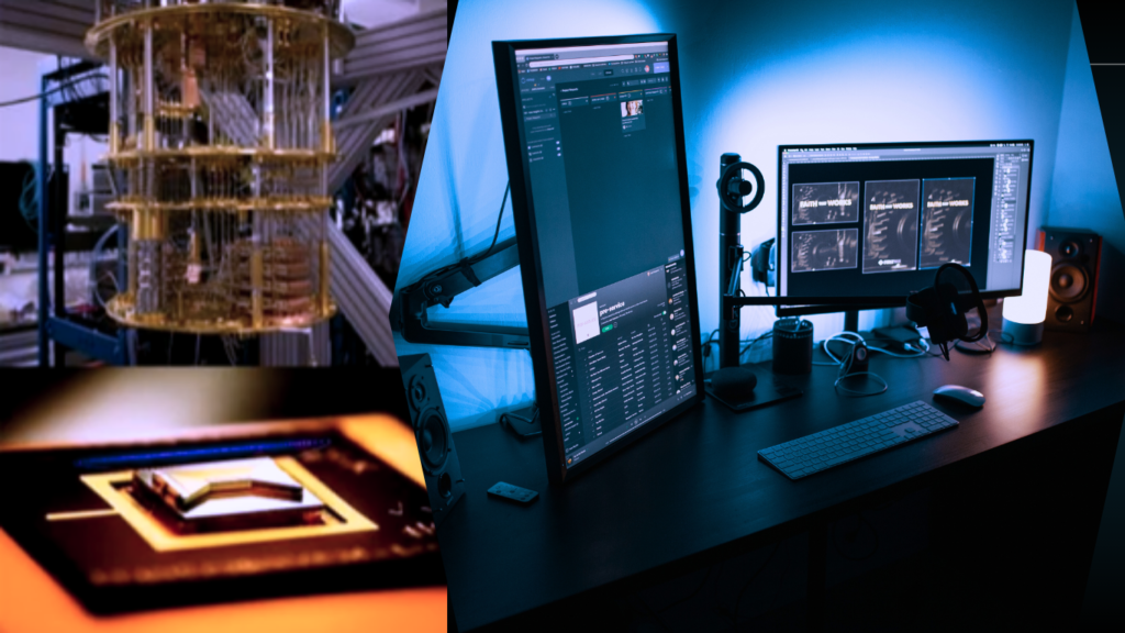 A split-screen image showcasing advanced computing technologies, ideal for illustrating Quantum-Resistant AI Models. On the left, a golden dilution refrigerator structure of a quantum computer sits above a close-up of a glowing microchip processor. On the right, a modern developer workstation features a dual-monitor setup under cool blue ambient lighting, displaying dense lines of code and development tools.