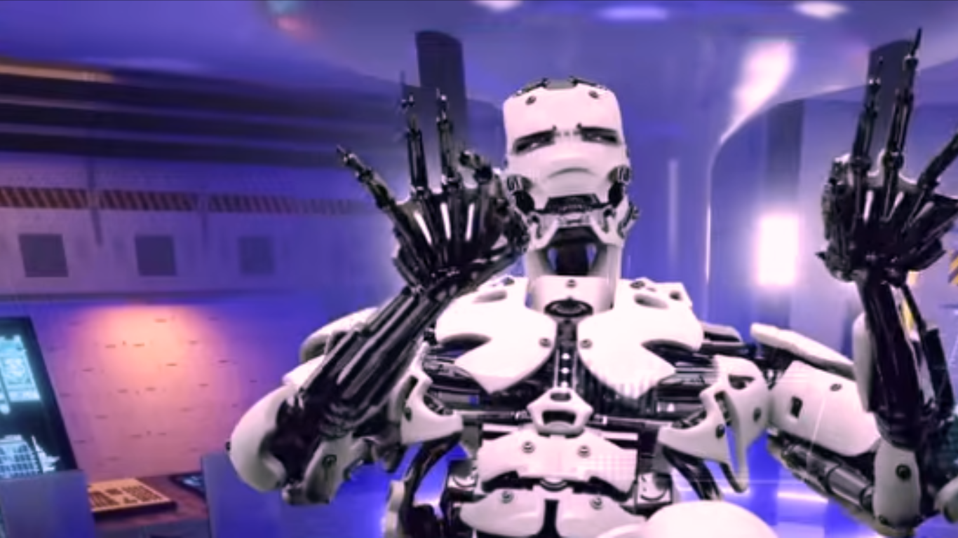 A highly complex, white and black humanoid robot raising its mechanical hands in a futuristic control room, illustrating physical Zero-Click AI Automations.